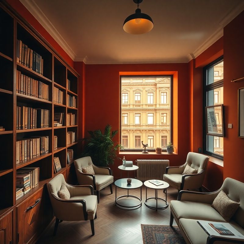 Interior de birou cu pereți terracota, mobilier crem și rafturi de lemn